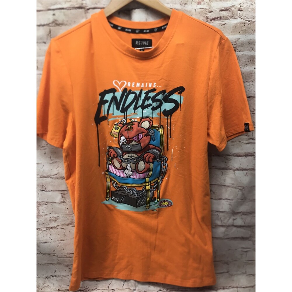 RSINE Mens Graphic T Shirt Large Tee Orange Short Sleeves Love Remains Endless